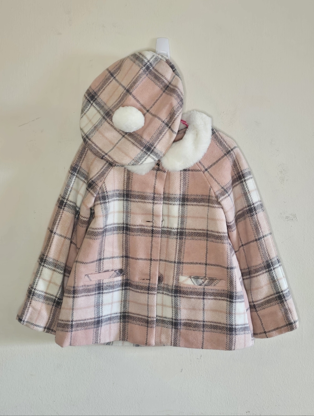 Tahari Plaid Coat Set Girls Size 5T Pink Faux Fur Jacket Hat Winter Cute